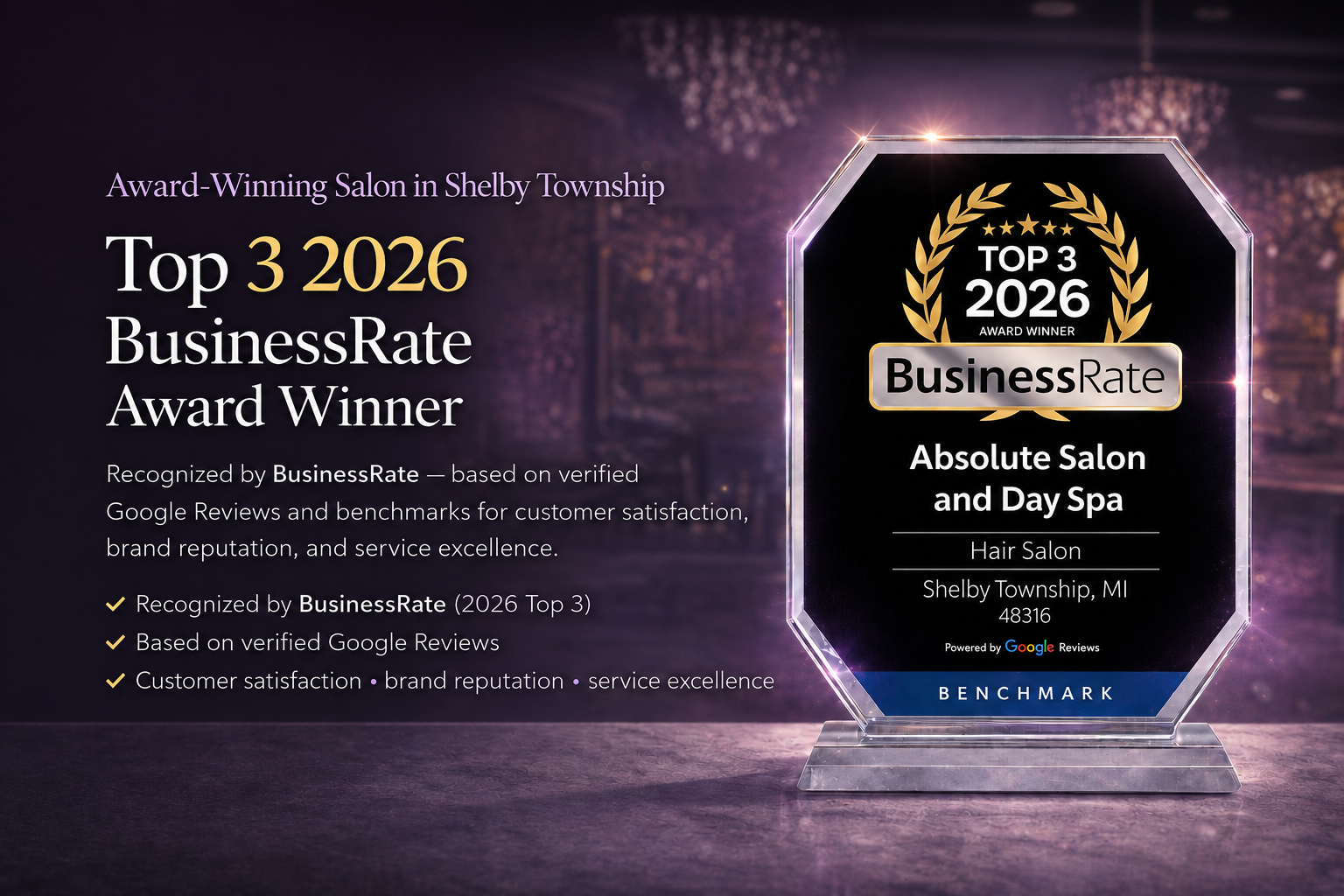 Top 3 2026 BusinessRate Award Winner for Absolute Salon and Day Spa in Shelby Township, MI