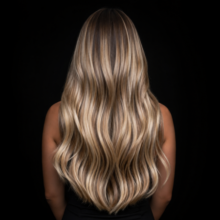 hair extensions Macomb Township MI long thick seamless blend black background